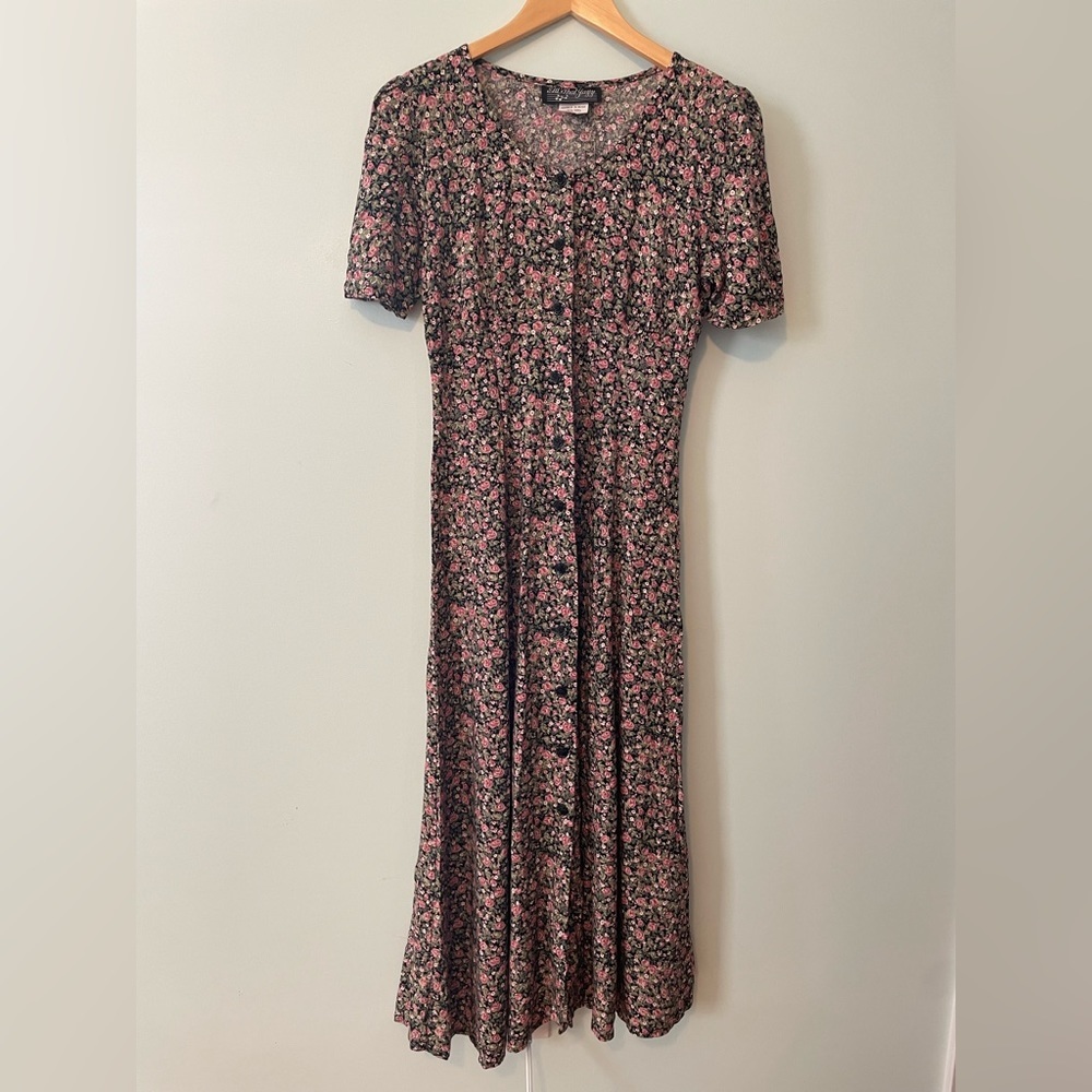 Vintage Black Floral Maxi Dress with Pink and Green Prints